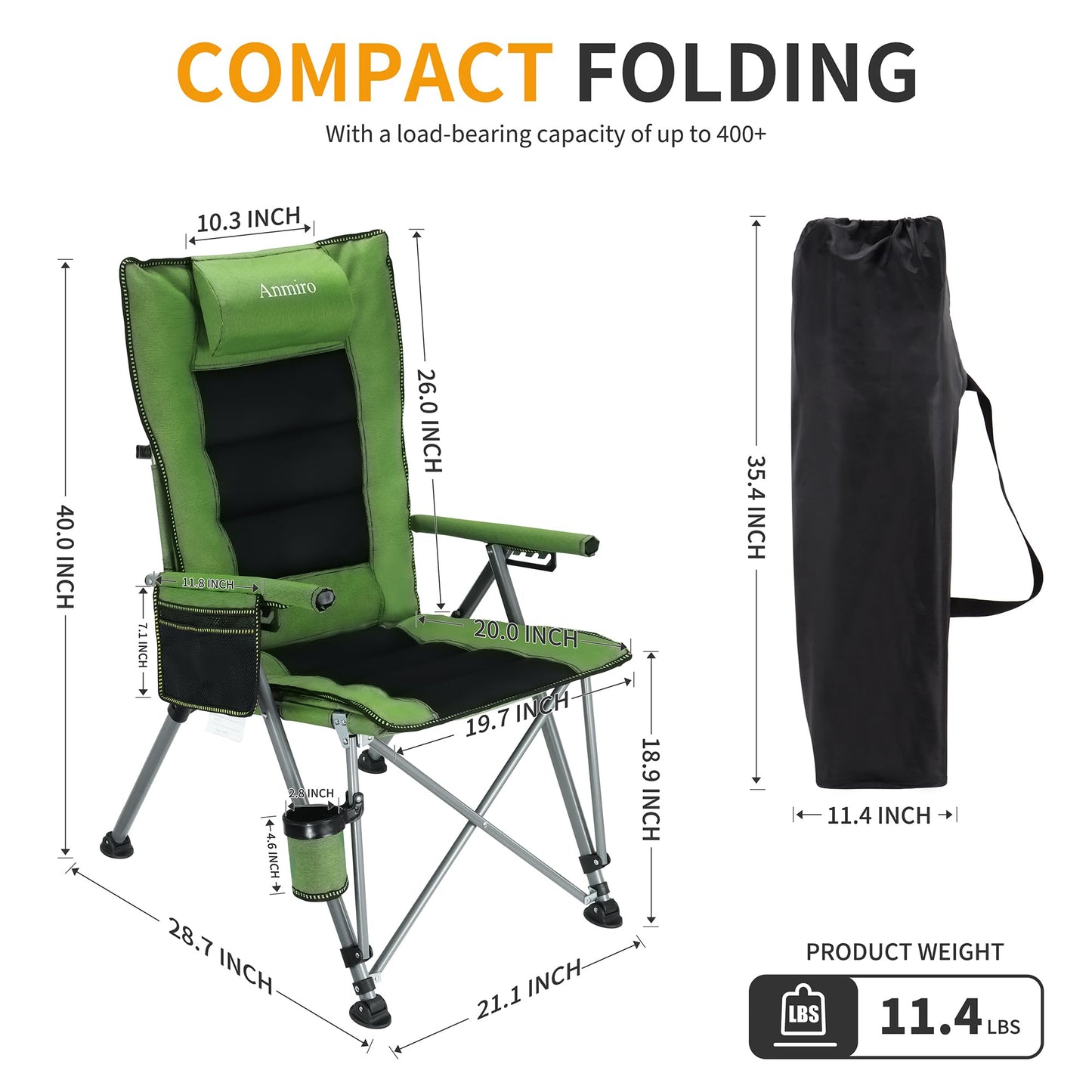 Anmiro Folding Camping Chair with Cup Holder and Storage Bag, Heavy Duty Support 400 LBS, Oversized Collapsible Portable Adjustable Back Support Camping Chair for Outdoor Lawn Patio Balcony