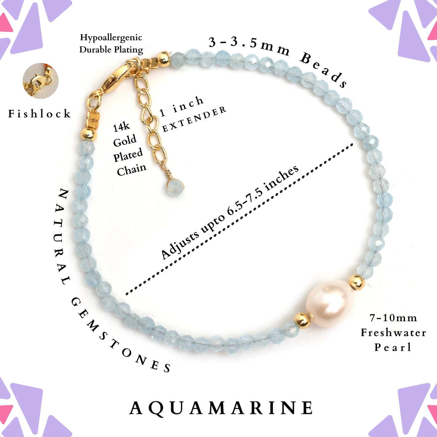 Gempires Aquamarine Gemstone Beaded Bracelet with Pearl Choker Crystal Jewelry March Birthstone Gifts Hypoallergenic Gold Plated Dainty Gifts for Women