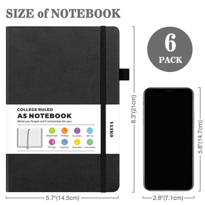 6 Pack Journal Notebooks for Work with 6 Pens, A5 Hardcover Notebook，Business Notebooks Bulk, College Ruled Notebook for Men, Leather Journal for Writing, 160 Pages, 100GSM Thick Paper (5.7" x 8.3")