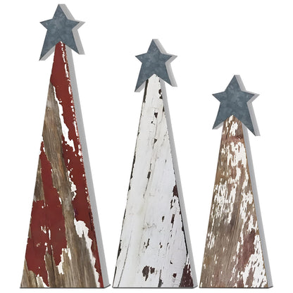 Soaoo 3 Pcs Rustic Christmas Tree Wooden Table Decorations Farmhouse Small Christmas in July Tabletop Centerpieces with Standing Top Star for Home Shelf Mantel Fireplace Table Party Decor
