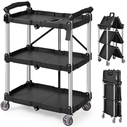 VEVOR Foldable Utility Service Cart, 165LBS 3 Shelf Heavy Duty Plastic Rolling Cart with 360° Swivel Wheels (2 with Brakes), Ergonomic Handle, Portable Garage Tool Cart for Warehouse Office Home