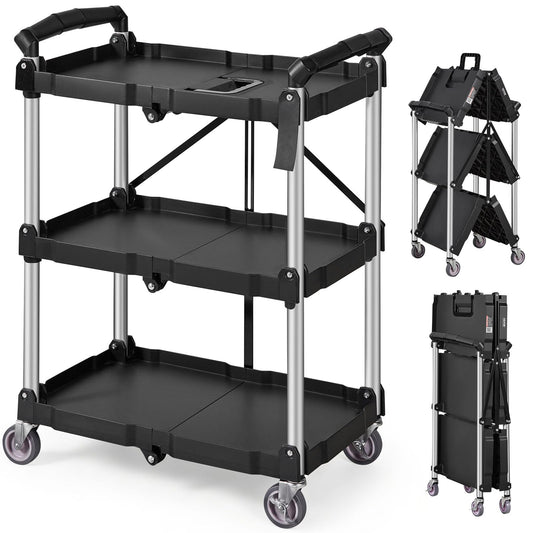 VEVOR Foldable Utility Service Cart, 165LBS 3 Shelf Heavy Duty Plastic Rolling Cart with 360° Swivel Wheels (2 with Brakes), Ergonomic Handle, Portable Garage Tool Cart for Warehouse Office Home