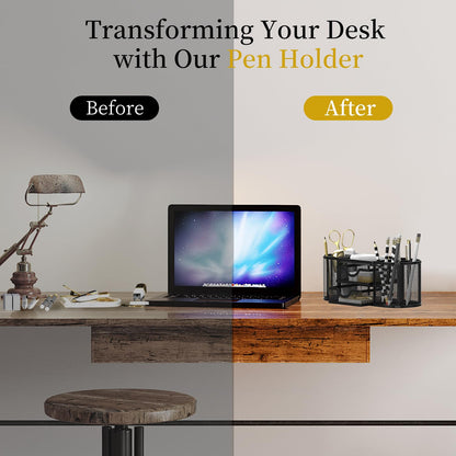 SUPEASY Mesh Desk Organizer, Desk Organizers and Accessories, Pen Holder with Drawers, Pencil Holder for Desk with 2 Drawer for Office Supplies, Black