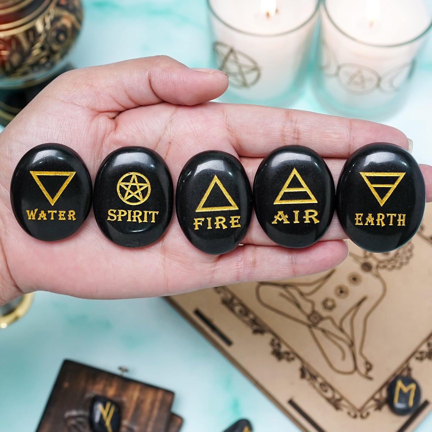 ZAICUS 5 Elements Black Tourmaline Engraved Stones Set, Polished Crystal Stones with Earth Air Fire Water Spirit Symbols for Reiki Healing, Chakra Balancing, Meditation, Spiritual Decor & Gift