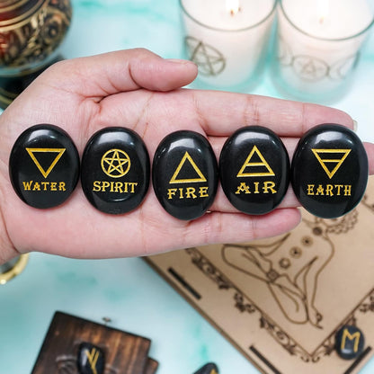 ZAICUS 5 Elements Black Tourmaline Engraved Stones Set, Polished Crystal Stones with Earth Air Fire Water Spirit Symbols for Reiki Healing, Chakra Balancing, Meditation, Spiritual Decor & Gift