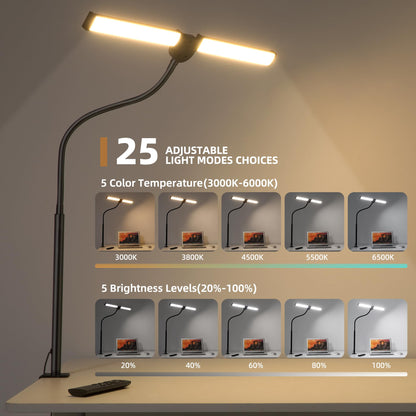 Motumen Led Desk Lamp for Home Office, Eye-Care Architect Light with Clamp, Smart Double Head Computer Monitor Table Clip Lamp, Adjustable Flexible Goose-Neck, 25 Lighting Models, Task Lamp, Black