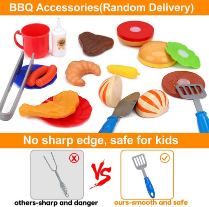 Kids Play Food Grill with Pretend Smoke Sound Light Kitchen Playset BBQ Accessories Camping Cooking Set Barbecue Toddler Girl Boy Toy 2 3 4 5 6 Year Old 4-8 Birthday Kid Toy Idea