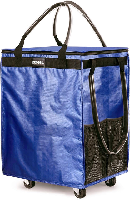 (Medium, Navy) Reusable Grocery Bag on Wheels, 70L Foldable Rolling Tote, Carries Up to 66 lbs Shopping Trolley, Zipper Clouser Shopping Carts for Trips, Laundry, 4 Heavy Duty Wheels and 3 Handles