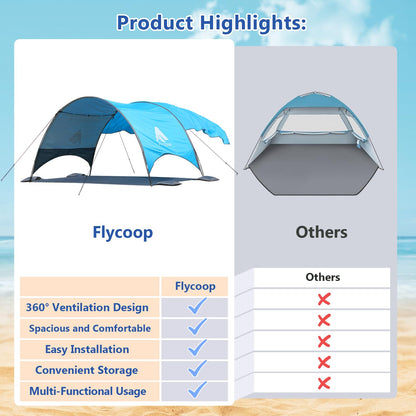 Flycoop 2026 Beach Tent with Floating Shade Sail – Portable & Ventilated Beach Umbrella Canopy with 360° Airflow, Dual Side Pockets & Extra Sun Coverage (3–4 People, 106 * 65 * 62"+75"*98" Sail)