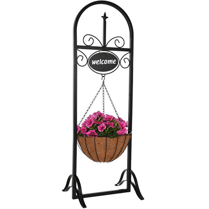 Sunnydaze Hanging Basket Planter Stand with Decorative Welcome Sign - 48-Inch Tall