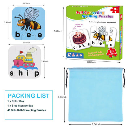 80 Words Self-Correcting Spelling Puzzles, Double-Sided Three and Four Letter Words with Matching Images, Perfect for Kids Age 3+ Year Old