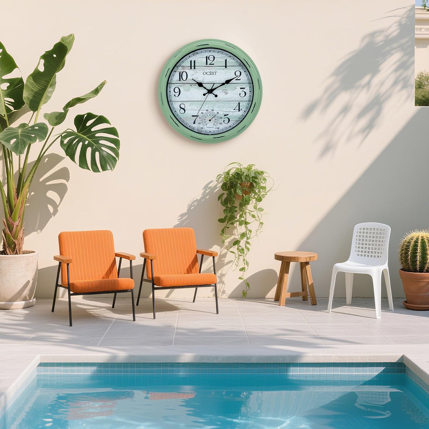 OCEST 16 Inch Indoor Outdoor Clock, Waterproof Large Wall Clock with Thermometer, Silent Non-Ticking Battery Operated Decor for Patio Pool Porch Garden Garage（Retro Green）