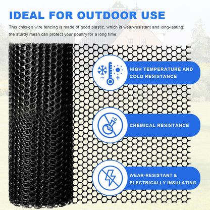 Black Plastic Mesh Netting for Balcony & Deck - 15.7inx32.8ft Pet Safety Fence Guard for Cats & Dogs, Garden Fencing & Poultry Chicken Wire Roll, Easy Cut Animal Barrier with Zip Ties
