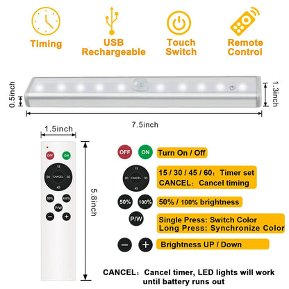 Remote Control Under Cabinet Lighting Wireless 6 Pack, 20-LED Dimmable Closet Lights Rechargeable Under Counter Light, Stick on Touch Night Light Strip Bar for Kitchen Stairway Bedroom, 3 Colors