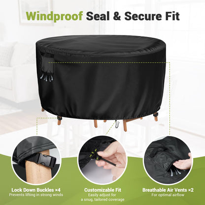 Vercome Heavy Duty Round Patio Dining Table Cover, 60 Inch Waterproof Outdoor Furniture Cover for Large Round Table and Chair Sets (Black, 60"DIAx36"H)