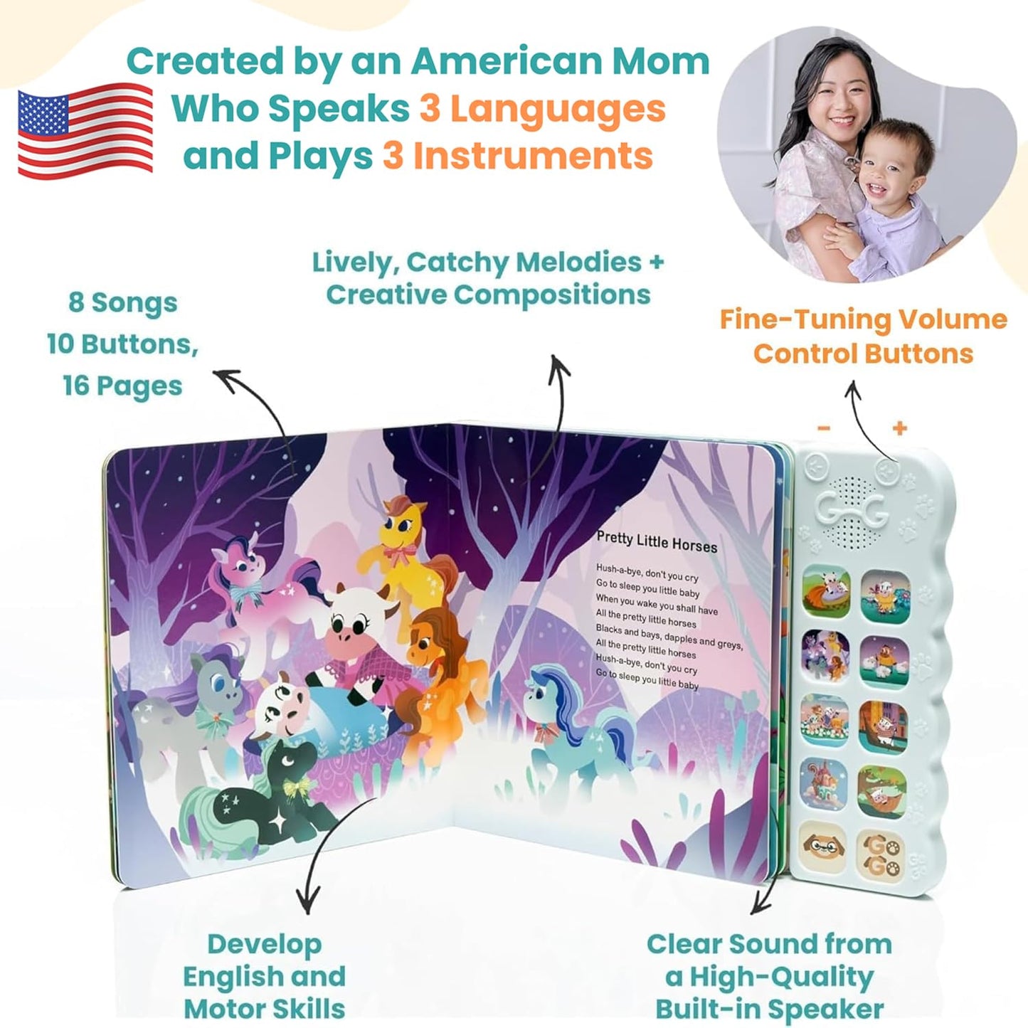 GO GO Children's Songs from East and West 8 Baby Songs, Musical Book for Toddlers 1-3, Nursery Rhyme Books, Talking Features, Singing Toys and Music for Early Learning and Entertainment