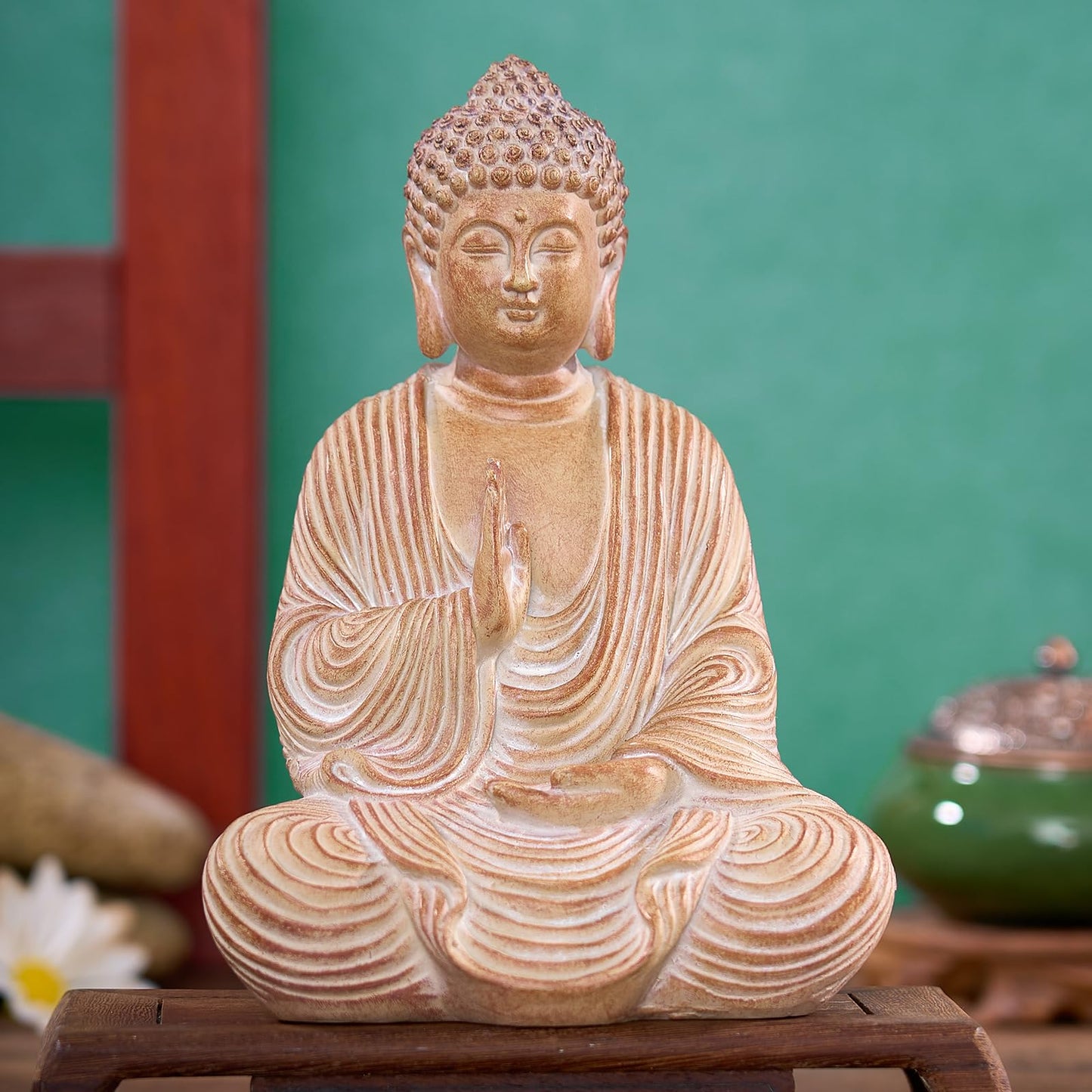 Swaite Zen Buddha Statue - Hand Carved Wood Grain Resin Meditation Decor, Feng Shui Ornament for Living Room Desk, Spiritual Space Zen Garden Decoration (Housewarming Gift/Mindfulness Aid, 7.87inch)