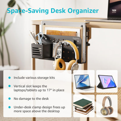 PEGZONE Desk Side Storage Organizer, No Drill Under Desk Laptop Holder, Clamp on Desks Shelf with Pegboard Accessories, Hanging Laptop Mount, Fits Flat Edge 0.4" to 2.2", Black