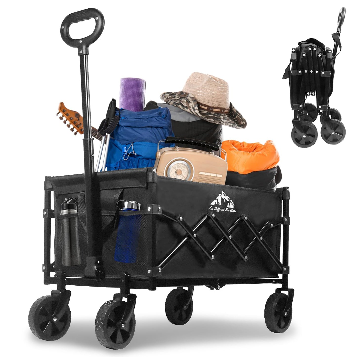 SAILARY Collapsible Wagon 352LBS Capacity, Foldable Large Wagons Carts, Heavy Duty Outdoor Folding Wagon with All-Terrain Wheels, Utility Garden Beach Wagon with Storage Bag Black