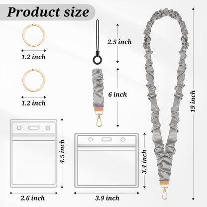 SHANSHUI Scrunchie Lanyard with ID Holder for Teacher, Retractable Long Neck & Short Wrist Lanyard Set with 2 Keychain Clips, Adjustable for Teachers, School Staff, Office (Gray)