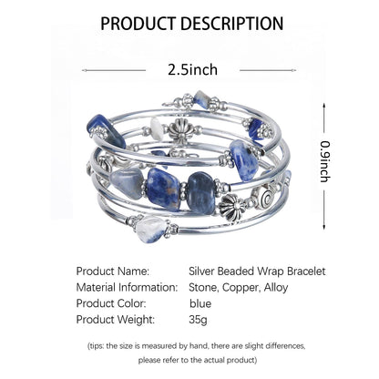 FULU AUTUMN Stone Silver Bangle Wrap Bracelet Boho Turquoise Crystal Chips Bead Bracelets Fashion Jewelry Birthday Gifts for Women(19-Blue)