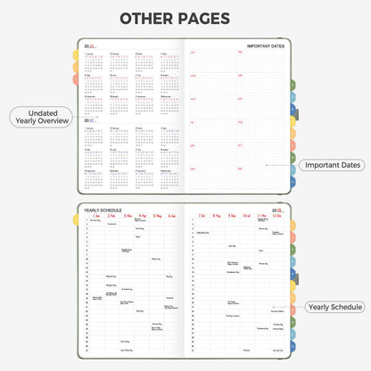 LOAPEM Undated Appointment Book, Hourly, Daily, 52 Weekly & 12 Monthly Planner, 6 AM - 8 PM, Medium Size (5.7" x 8.3"), Leather Hardcover, 12 Self-adhesive Monthly Tabs (Light Green)