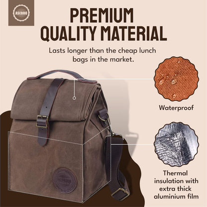 ASEBBO Insulated Lunch Bag 10L Sturdy Waxed Canvas Lunch Box for Men and Women, Leakproof Insulated Cooler Bag for Work Picnic Hiking, Lunchbox for Adults with Shoulder Strap (Brown)