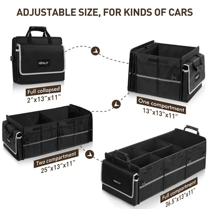 HIRALIY 4 in 1 Car Trunk Storage Organizer with Leakproof Cooler Bag, Multi-Compartment Foldable Trunk Storage Box for Car Truck SUV Black