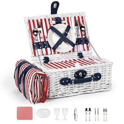 Wicker Picnic Basket for 2 with Waterproof Picnic Blanket and Insulated Bag, Patriotic Red White and Blue Star Pattern for Soccer Game, Camping, Travel, Birthday Gift, Wedding Gift
