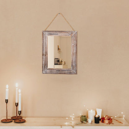 CFDYMTJ Wall Decorative Mirror 12 x 16 Inch Rust Farmhouse Rectangular Mirrors Wood Frame Mirror with Hanging Hemp Rope for Bedroom, Bathroom, Living Room, Entryway