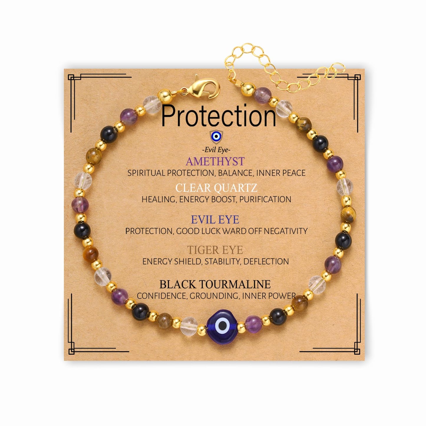 Kenailw Evil Eye Bracelet Natural Crystal Protection Bracelet Healing Stones Amethyst Black Tourmaline Tiger Eye Adjustable Spiritual Guardian Jewelry Gift for Best Friend Women