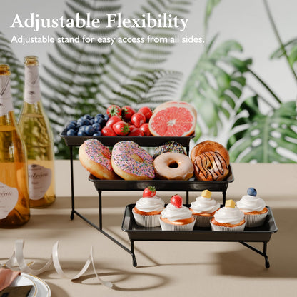 3-Tier Melamine Serving Tray Set, 11.5" x 5.6" Platters for Serving Food, Black Reusable Trays with Black Metal Display Stand for Cupcakes, Sevring Food, Dessert, Fruit, Cookie, Black