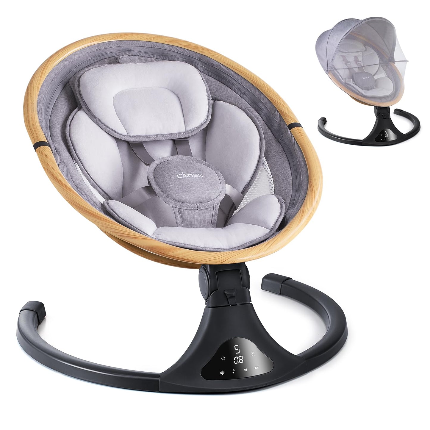 LAREX Baby Swing to Toddler Electric Infant Swing Portable for Newborn Boy Girl, 5 Sway Speeds with Remote Control, 12 Preset Melodies and Bluetooth, 0-6 Months Max 20 Lbs (Light Wood Grain)