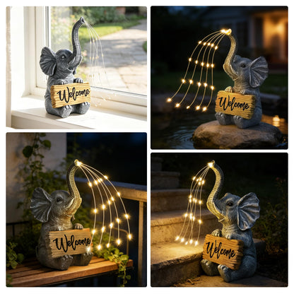KVR Solar Elephant Statue with Welcome Sign, Outdoor Garden Decor with Warm White Steady-On String Lights, Waterproof Resin Figurine for Front Porch, Patio, Yard, Housewarming Gift