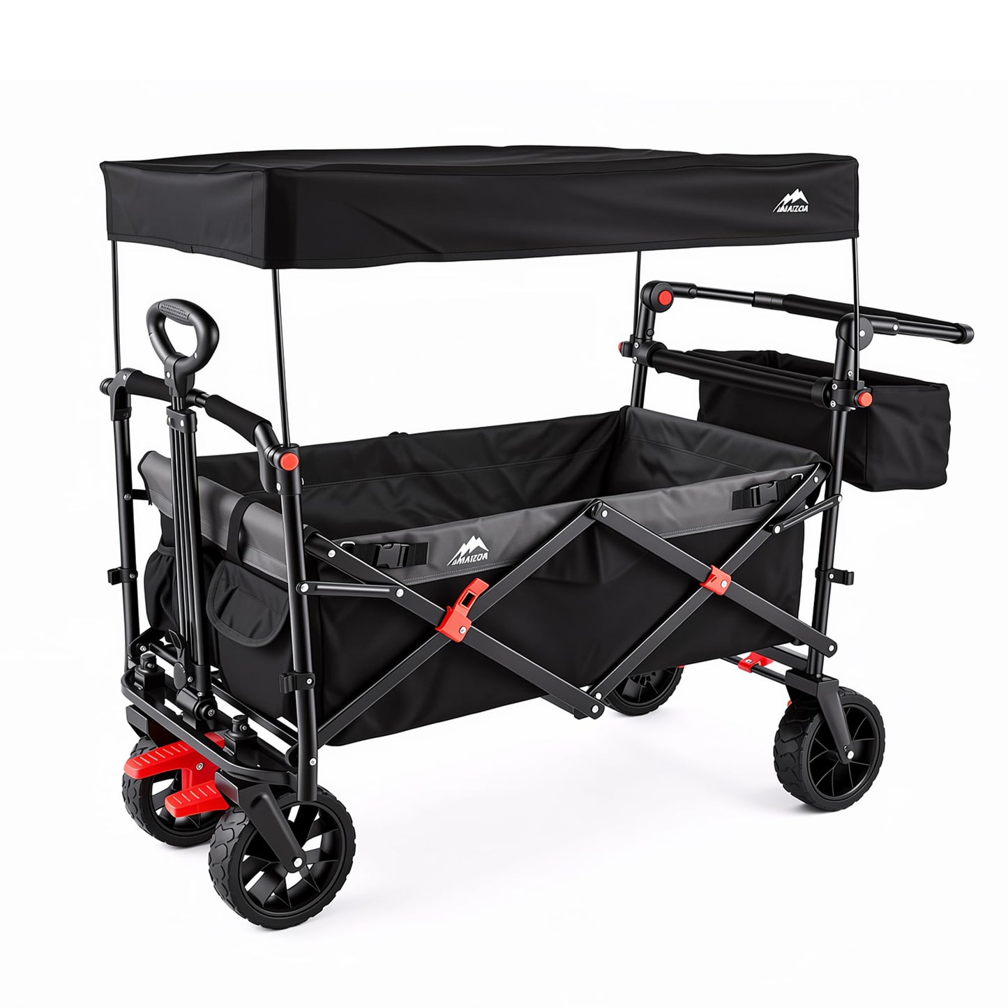 Foldable Wagons with Removable Canopy, Seat Belts, Reversible Handlebar, Removable Canopy, 220lbs Weight Capacity, Folding Wagon for Ages 1+ Years Suitable for Family Travel, Cargo,Gift