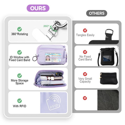 Tiostep Clip and Go Strap for Phone with Wallet Crossbody Phone Lanyard with Anti-Theft Zipper Pouch Detachable Quilted Wrist Wallet with RFID and ID Window for Daily Travel. Purple Large