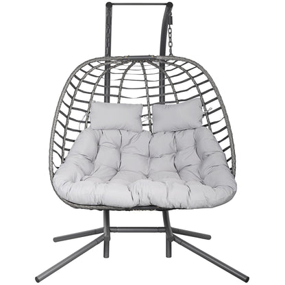 Double Hanging Egg Chair wth Stand, Patio Hammock Swing Chair with Cushion Loveseat for Bedroom, Balcony, Garden, Indoor, Outdoor