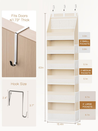 Criusia Over the Door Organizer, 6-Shelf Closet Hanging Storage with 13 Mesh Pockets, 55lbs Capacity Behind the Door Storage for Baby Nursery, Bathroom, Bedroom, and Dorm, Beige