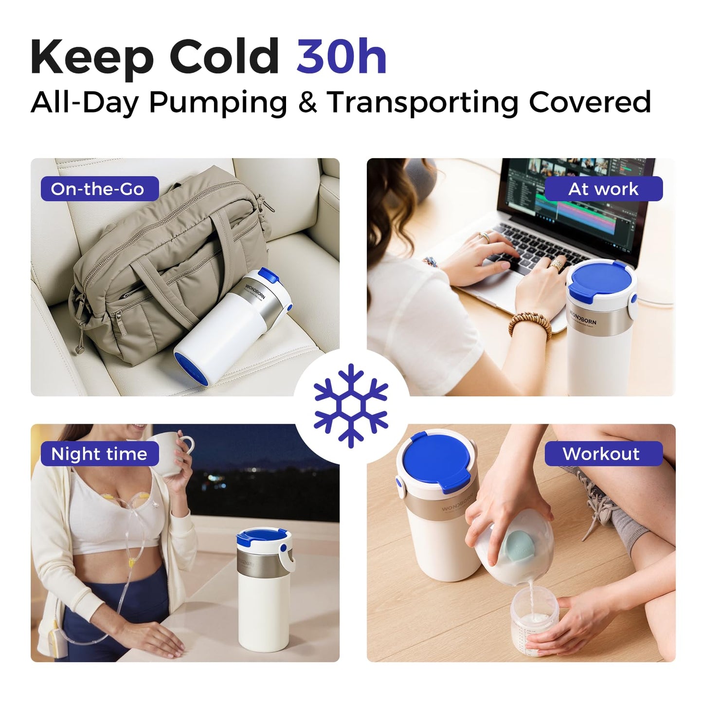 WONDBORN Portable Breast Milk Cooler, 4 Ice Rings, 360°Cooling with Vacuum Lid, Safe Chill for 30H+, 22oz Large Capacity with 2 Bottles, Rapid Chill to 40℉, Extra Wide Opening, Ideal for Work & Travel