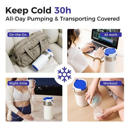 WONDBORN Portable Breast Milk Cooler, 4 Ice Rings, 360°Cooling with Vacuum Lid, Safe Chill for 30H+, 22oz Large Capacity with 2 Bottles, Rapid Chill to 40℉, Extra Wide Opening, Ideal for Work & Travel