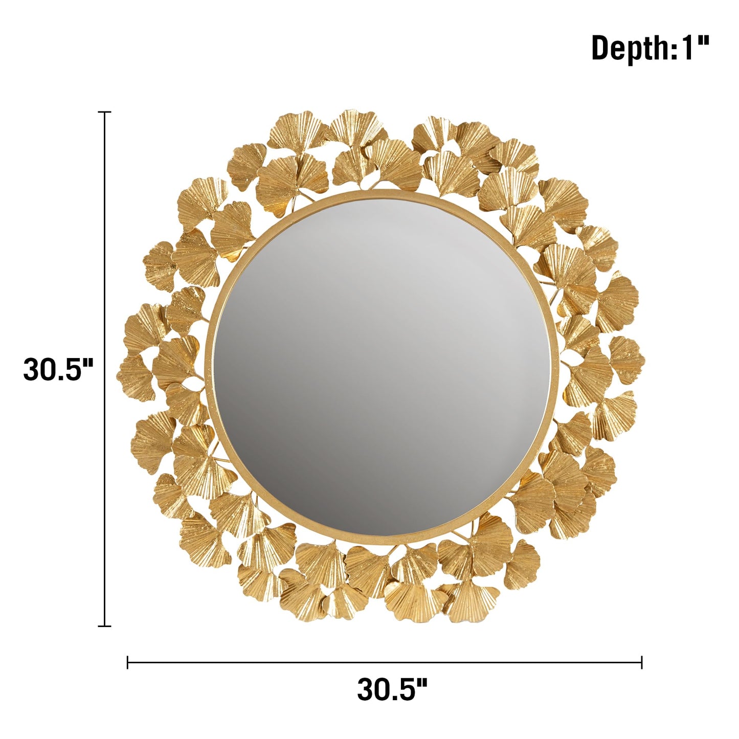 Martha Stewart Wall Décor Large Gingko Leaf Round Wall Mirror for Living Room, Iron Metal Plate Frame Antique Finish, Ready to Hang Bedroom Decoration, Eden, 30.5", Gold