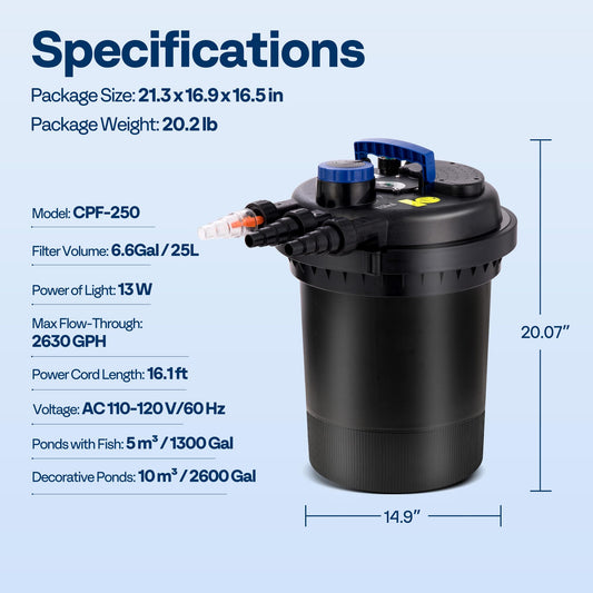 VIVOHOME Bio Pressure Pond Filter with 13W Light, 2630 GPH Suitable for Koi Ponds up to 1300 Gallons or Ornamental Ponds up to 2600 Gallons