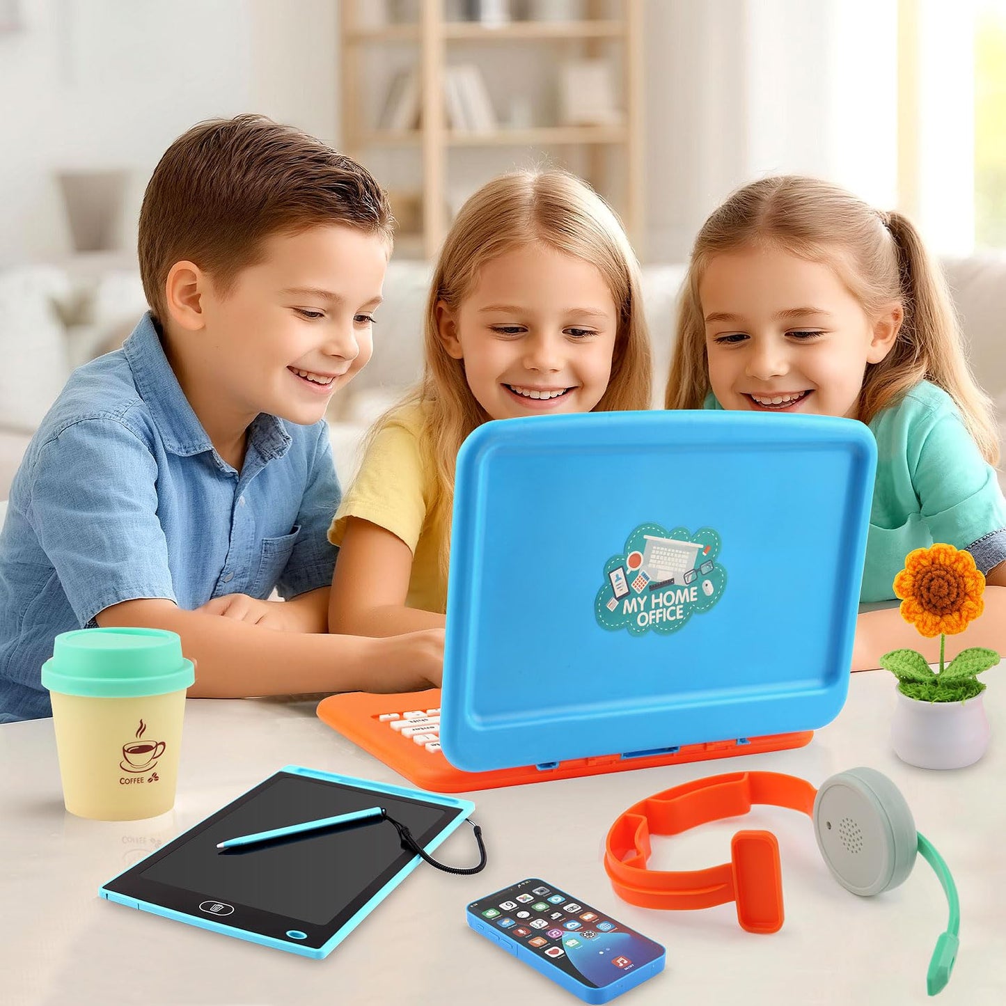 Pretend Play Home Office Set for Kids, Features Toy Laptop Computer, LCD Writing Tablet, Toy Phone, Headset, Sunflower & Coffee Cup, Toys Gifts for Boys Girls Age 3-5-7