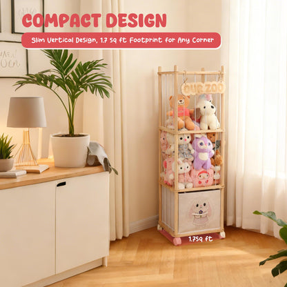 JoyPcsTable Stuffed Animal Storage with Removable Fabric Bins & Locking Wheels, 2-in-1 Wooden Toy Organizer and Display Shelf - Space-Saving for Playroom, Bedroom, Nursery