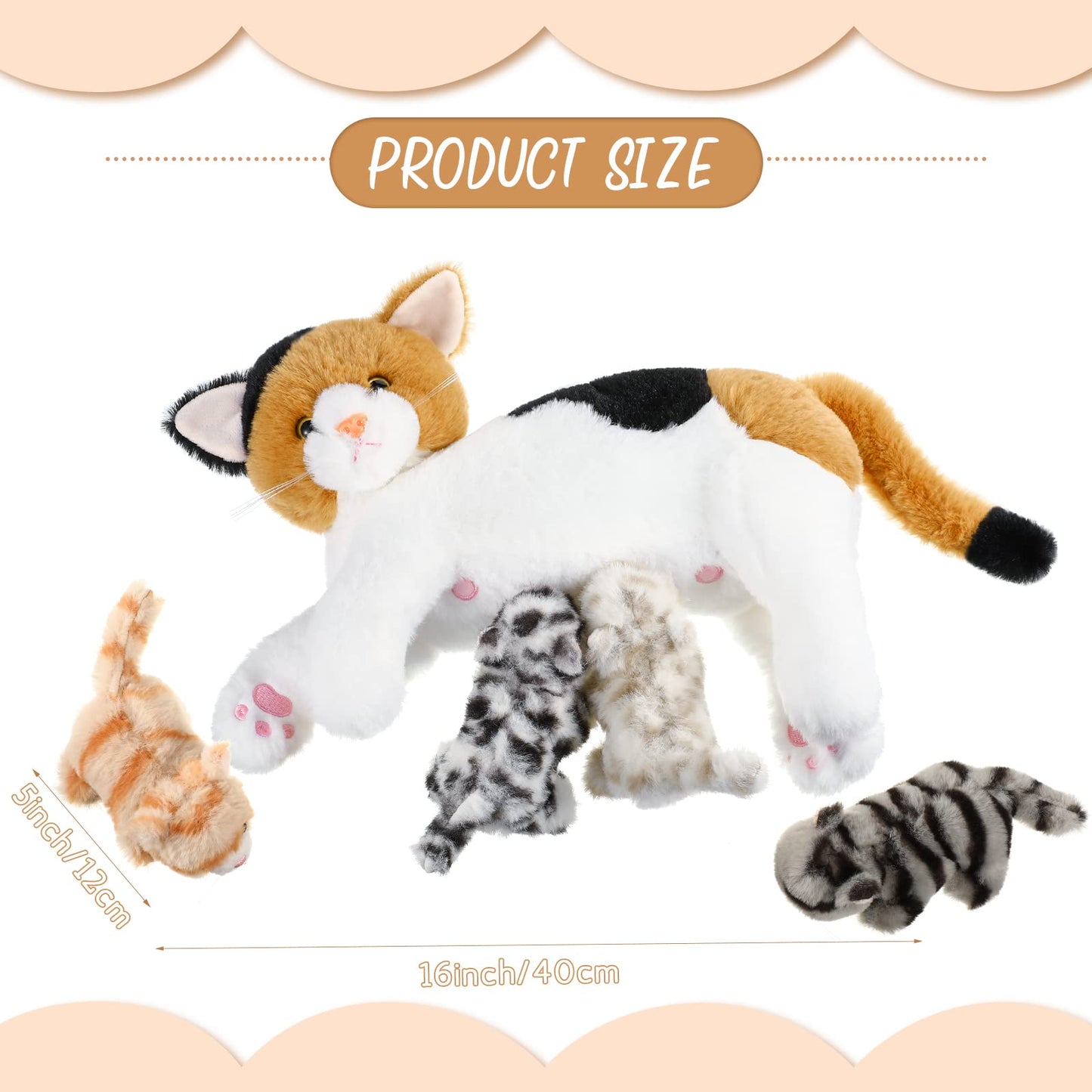 Skylety Nurturing Cat Stuffed Animal with 4 Plush Kittens, Cats Baby Stuffed for Girls Boys Plushy Mommy Kitty with Baby Kittens for Birthday Party Favors Gifts(Lovely Style)