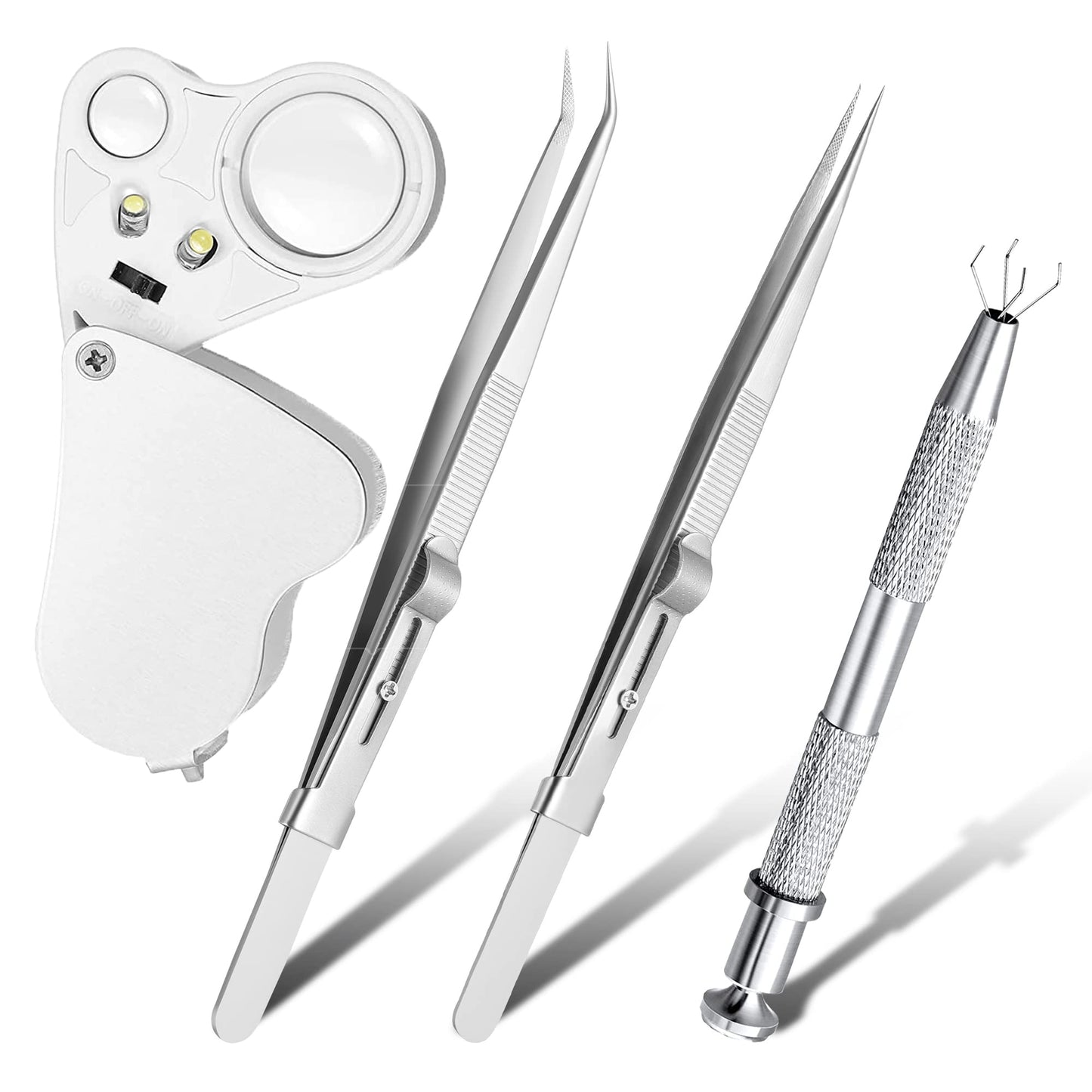 4 Pack Diamond Jewelers Tweezers Holder Pick up Tool Claw Gems Tweezer Grabber Jewelry Locking Tweezers with 30X 60X Jewelers Loupe Magnifier