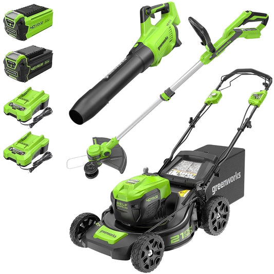 Greenworks 40V 21" Self-Propelled Lawn Mower,Axial Leaf Blower(500 CFM / 120 MPH),13" String Trimmer with 2 Batteries(5Ah+2Ah) & Chargers