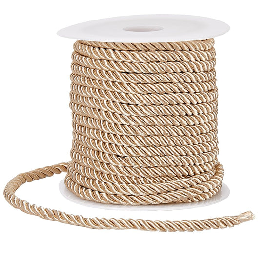 SOFPLATE 20M/21.87 Yards Twisted Cord Trim Braided Twist Rope 5mm Beige Polyester Decorative 3-Ply Silk Twine String Cording Graduation Honor Cords Thread for Home Decor Crafts Bag Upholstery Curtain