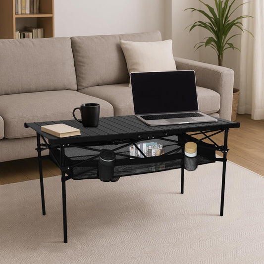 Nice C Portable Folding Camping Table, Aluminum Lightweight Roll-up Top Indoor&Outdoor Collapsible Table, with Mesh Net, Cup Holder, Carry Bag, Steel Frame, for Camping, Sports, BBQ, Picnic (Black)