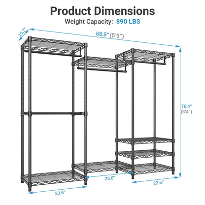 VIPEK V5 Heavy Duty Clothes Rack, Portable Closet Wardrobe with 4 Hanging Rods & 8 Shelves, Freestanding Adjustable Garment Rack for Bedroom, Walk-in Closet, 890 lbs Capacity, Black, 68.9" L